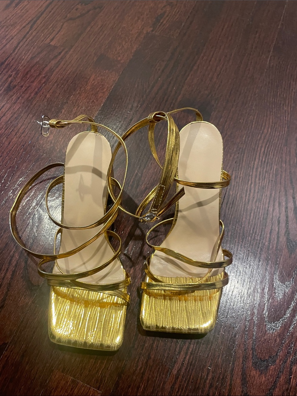 Gold Metallic Wrap-Strap Heeled Sandals for Women